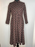 Vintage 1970s Long Sleeve Collared Print Midi Dress in Brown - Size UK 10
