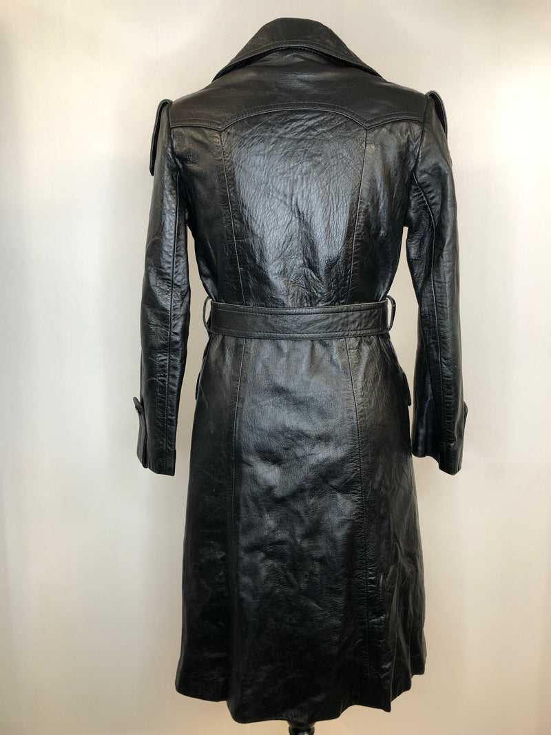 womens jacket  womens coat  womens  waist belt  vintage  Urban Village Vintage  urban village  single button  pockets  Leather Jacket  Leather  Jacket  button  black  Belted waist  belted jacket  belt  70s  70  1970s