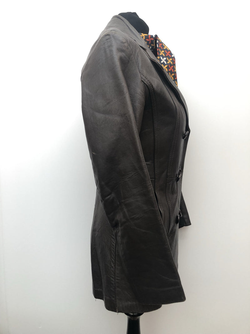 womens  vintage  Urban Village Vintage  Leather Jacket  Leather Coat  Leather  Jacket  fitted  double breasted coat  double breasted  coat  brown  8  60s  1960s