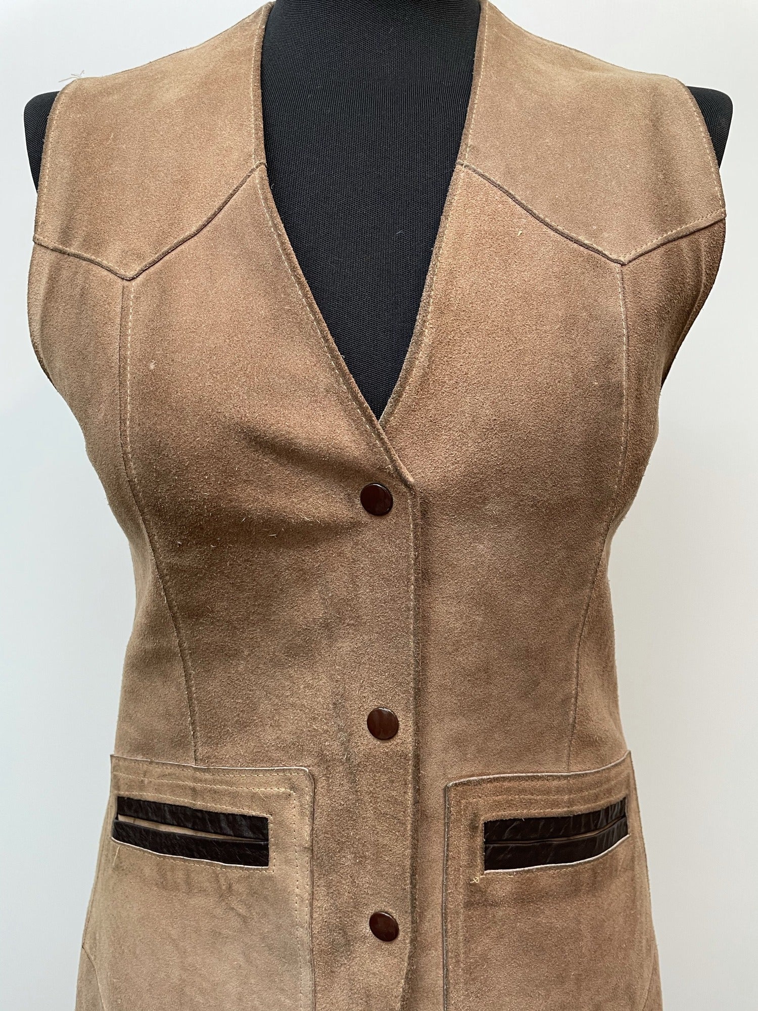 womens  waistcoat  vintage  Urban Village Vintage  urban village  Suede Jacket  Suede  stitch detailing  stitch detail  sleevless  sand  retro  red  press stud fastening  light brown  Leather  Jacket  faux suede  decorative pockets  decorative buttons  brown  8  70s  60s  1970s  1960s