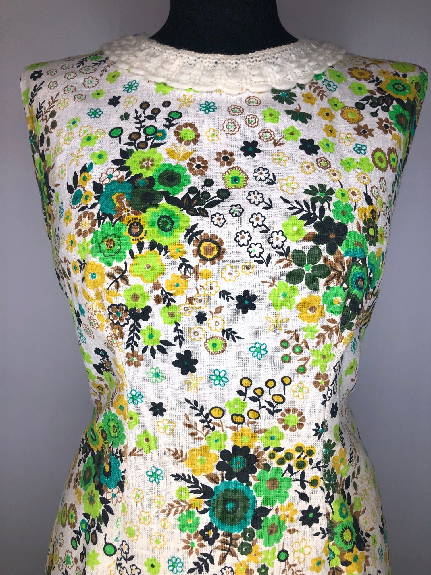 womens  vintage  Urban Village Vintage  urban village  summer  sleeve  Purple  multi  mini dress  green  floral dress  dress  crochet neck  beige  60s  1960s  12