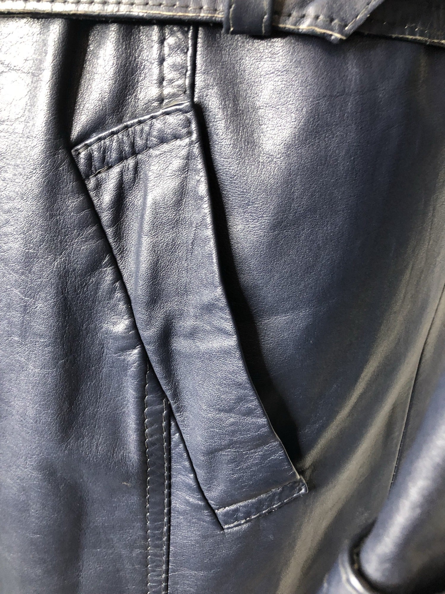 Windsor Leatherwear  waist belt  vintage  Urban Village Vintage  pockets  mens  M  long sleeve  Leather Jacket  Leather Coat  Leather  Jacket  blue  70s  1970s