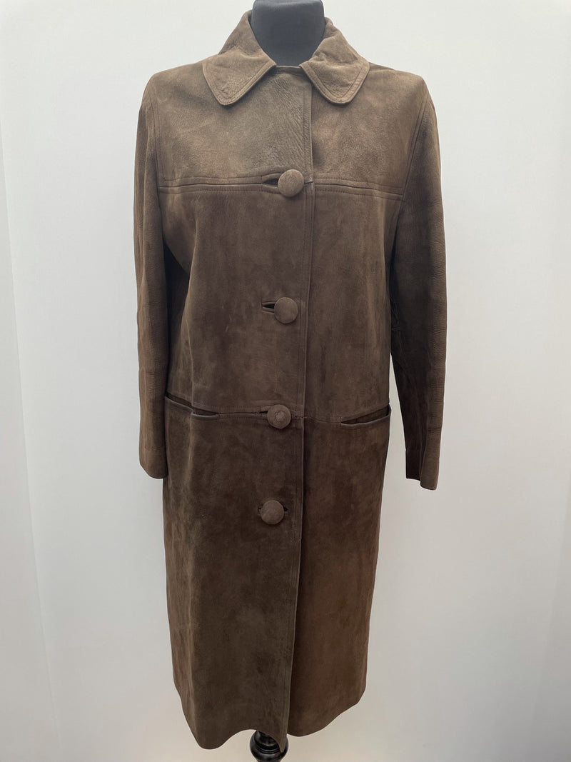 womens coat  womens  vintage  Suede Jacket  Suede  silk  retro  long sleeve  long length coat  lining  heatonex  dress  coat  button down  button  brown  70s  1970s  16