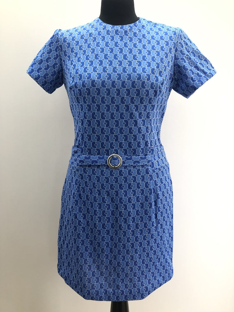 zip back  zip  womens  waist detail  vintage  Urban Village Vintage  urban village  summer  retro  print dress  pockets  patterned dress  MOD  dress  blue  back zip  60s  1960s  10