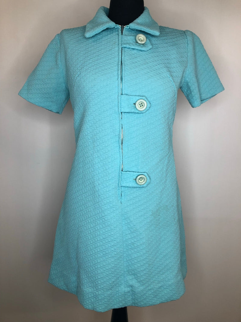 womens  vintage  Urban Village Vintage  round neck  MOD  mini dress  front zip fastening  dress  decorative buttons  blue  60s  1960s  10