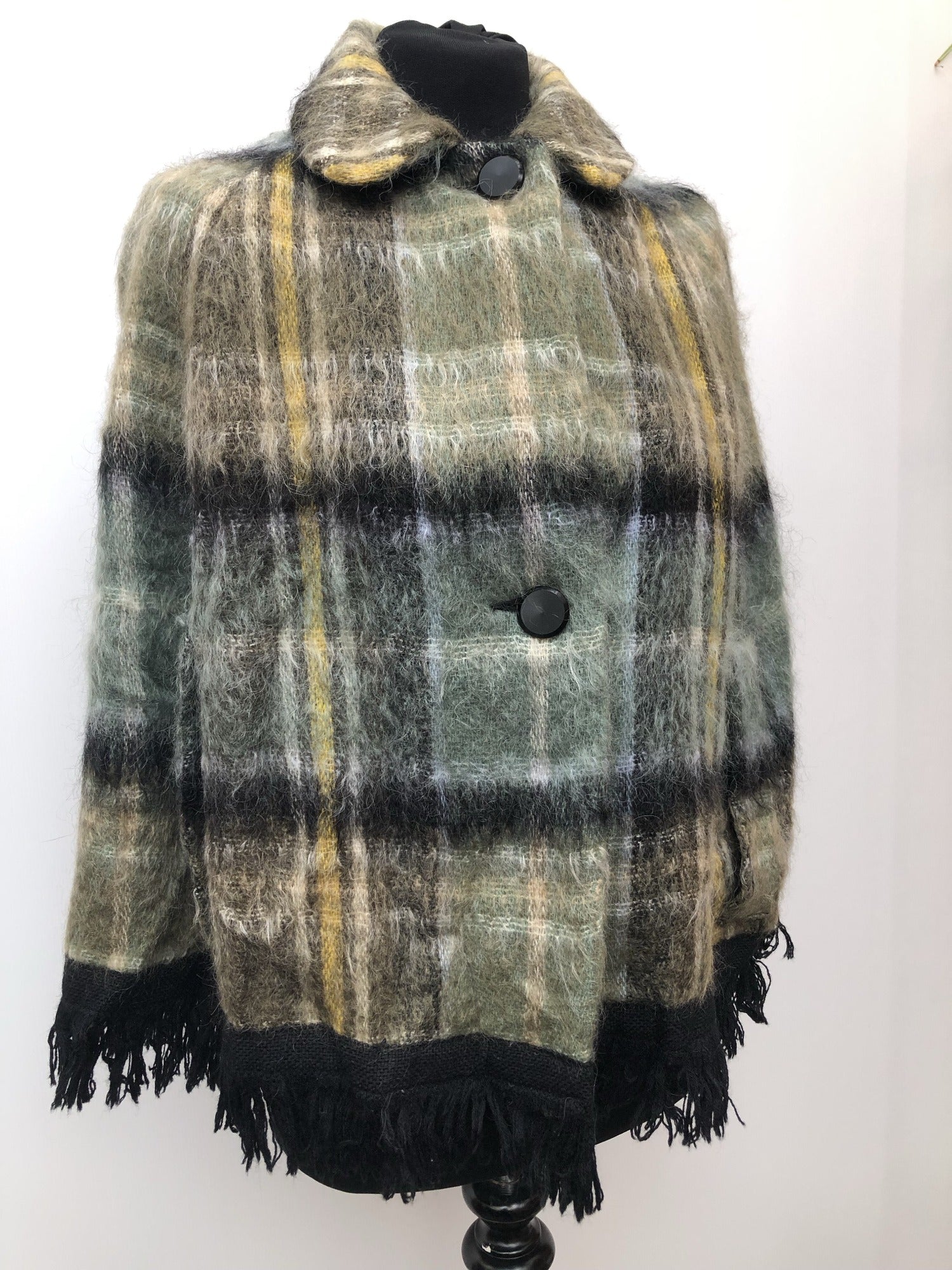 vintage  Urban Village Vintage  tassle  tartan  poncho  Green  fringed  fringe  check  cape  black  60s  1960s  10