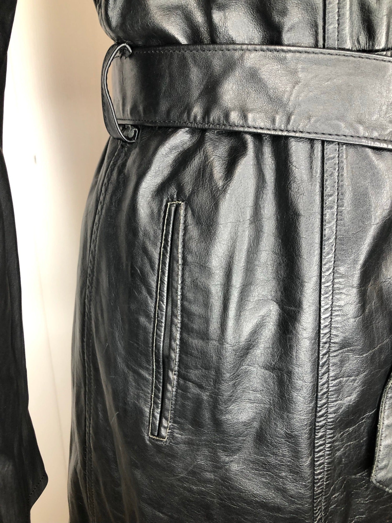 womens jacket  womens coat  womens  waist belt  vintage  Urban Village Vintage  urban village  trench coat  pockets  pleat back  long length  Leather Jacket  Leather  Jacket  button  black  Belted waist  belted jacket  belt  70s  70  1970s  12