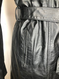 womens jacket  womens coat  womens  waist belt  vintage  Urban Village Vintage  urban village  trench coat  pockets  pleat back  long length  Leather Jacket  Leather  Jacket  button  black  Belted waist  belted jacket  belt  70s  70  1970s  12