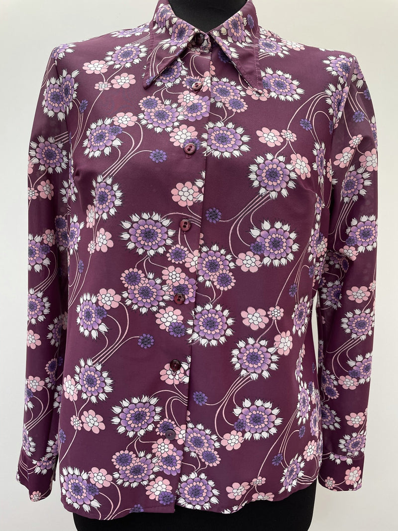 womens shirt  womens  vintage  Urban Village Vintage  urban village  St Michael  shirt sleeve  shirt dress  sheer  retr  purple  floral print  floral dress  floral  collar  big collar  70s  70  1970s