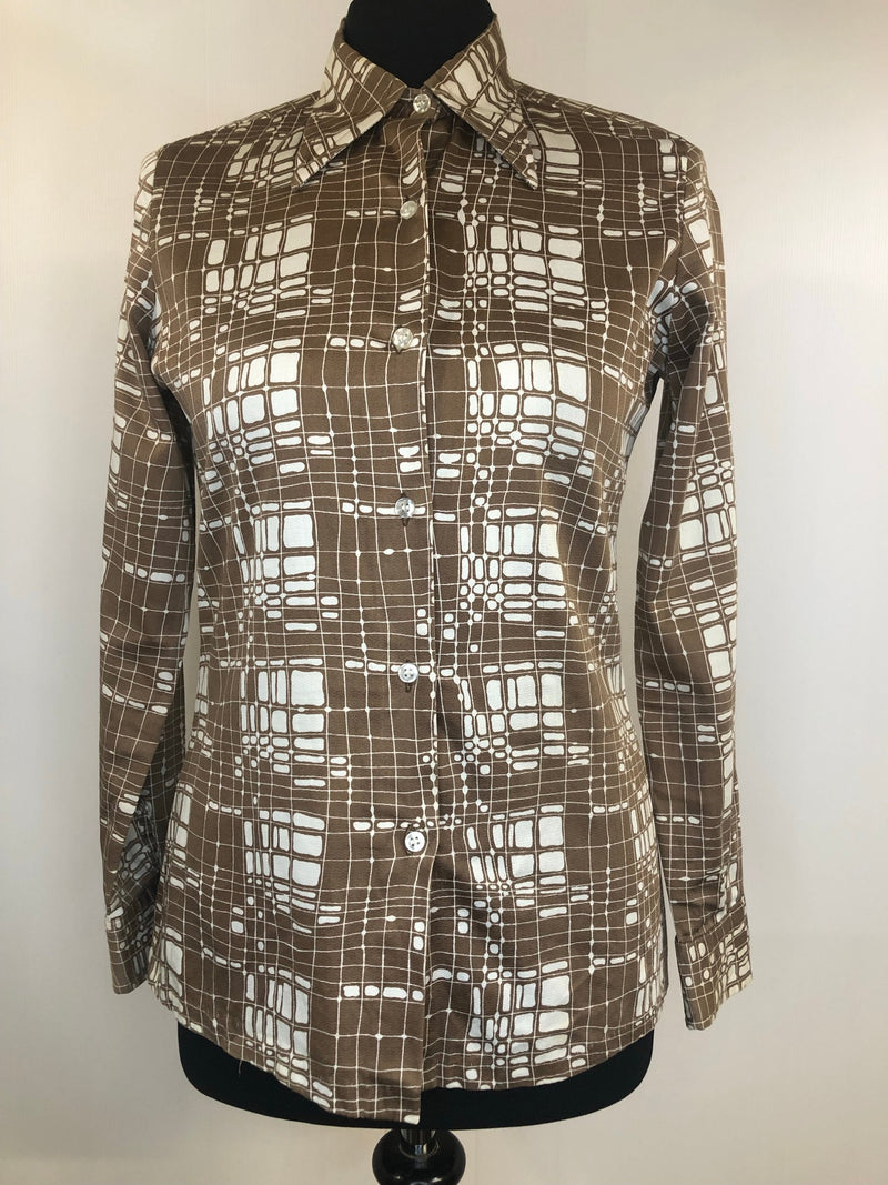 womens shirt  womens  white  vintage  Urban Village Vintage  urban village  summer  Shirt  retro  patterned  Kildare  evening blouse  Cotton  collar  button down  button  brown  blouse  70s  70  1970s