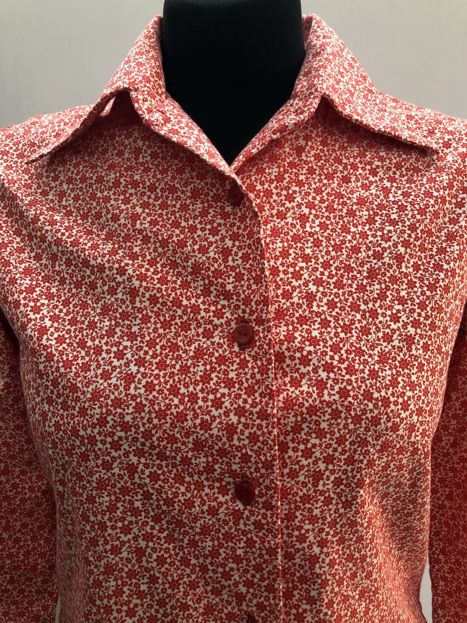 womens  vintage  Urban Village Vintage  top  red  floral print  ditsy  dagger collar  blouse  70s  1970s  10