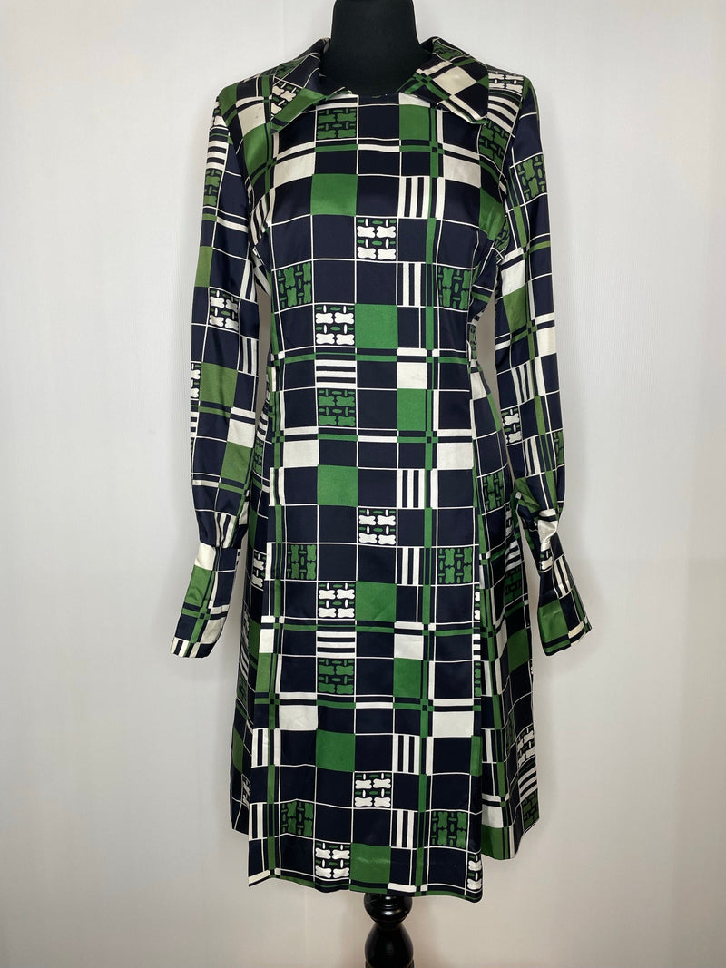zip back  womens  vintage  Urban Village Vintage  scooter dress  scooter  psychedelic  psych  op art  modette  MOD  mini dress  long sleeved  long sleeve  large collar  green  geometric  dress  collar  blue  60s  1960s  14