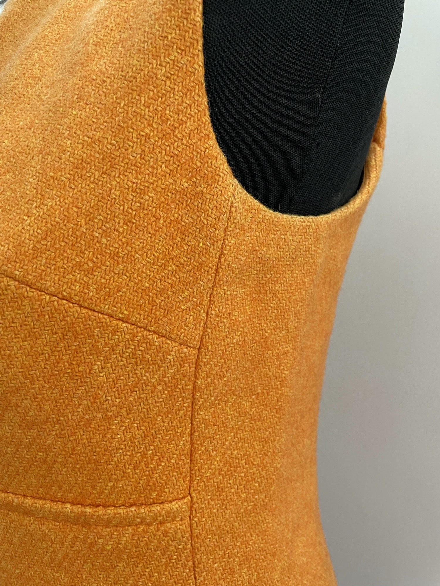 zip back  zip  wool  womens  vintage  Urban Village Vintage  urban village  thick  summer dress  summer  sleeveless  shift dress  pure wool  orange  neck detailing  MOD  midi dress  London Maid  dresses  dress  back zip  60s  1960s  100% Wool  10