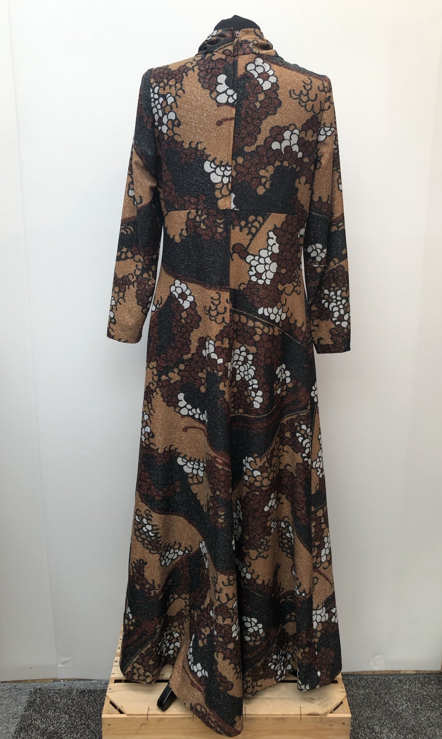 zip  womens  vintage  Urban Village Vintage  urban village  maxi dress  lurex  long length dress  glitter  floral dress  dress  brown  back zip  70s  1970s  14