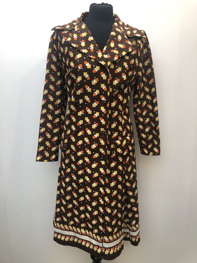 womens  vintage  Urban Village Vintage  square print  midi dress  midi  long sleeved  Elegant Lady  dress  collar  brown  70s  70  1970s  16