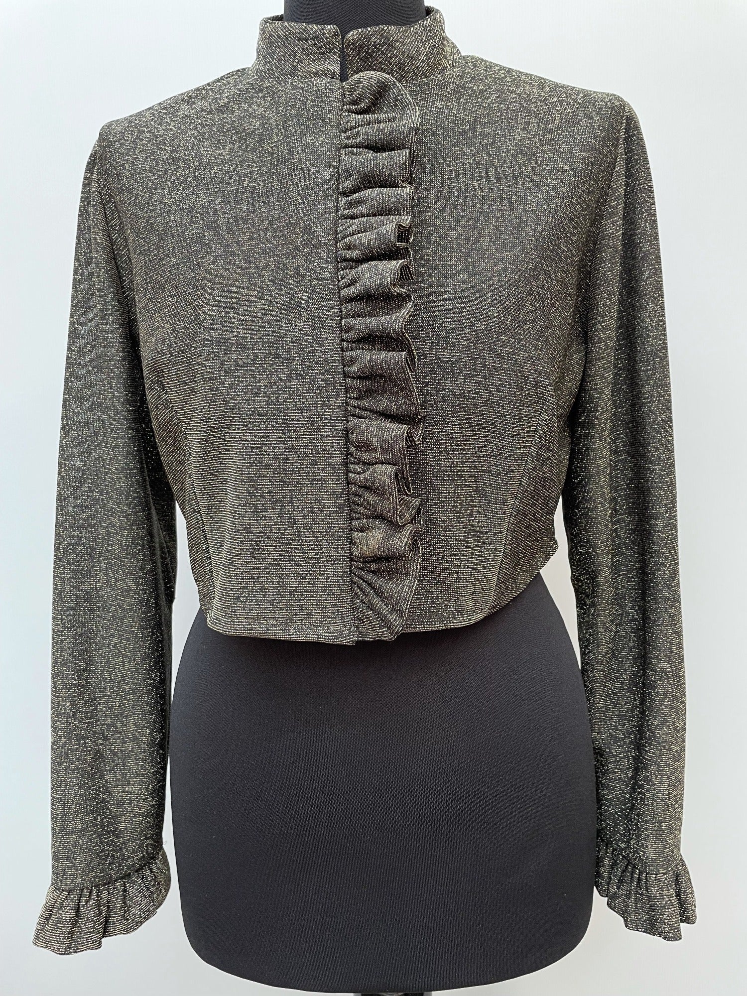 womens  vintage  Urban Village Vintage  urban village  Stripes  shimmer  retro  lurex  long sleeve  Jacket  high neck  frilly  frill detail  evening blouse  cropped  crop jacket  collar  button down  blouse  70s  1970s  12