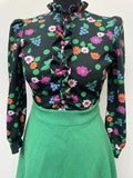 womens shirt  womens  vintage  Urban Village Vintage  urban village  summer dress  summer  ruffle  retro  MOD  midi dress  midi  long sleeves  Long sleeved top  long sleeve  high neck  Green  floral print  floral lining  floral dress  floral  dress  decorative buttons  Cotton  back zip  8  70s  60s  1970s  1960s