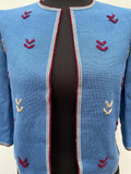 womens  vintage  Urban Village Vintage  urban village  stitch detailing  stitch detail  shortcut  retro  no fastening  long sleeve  light knit  knitwear  knitted  knit  floral  cardigan  blue  8  60s  3/4 sleeves  3/4  1960s