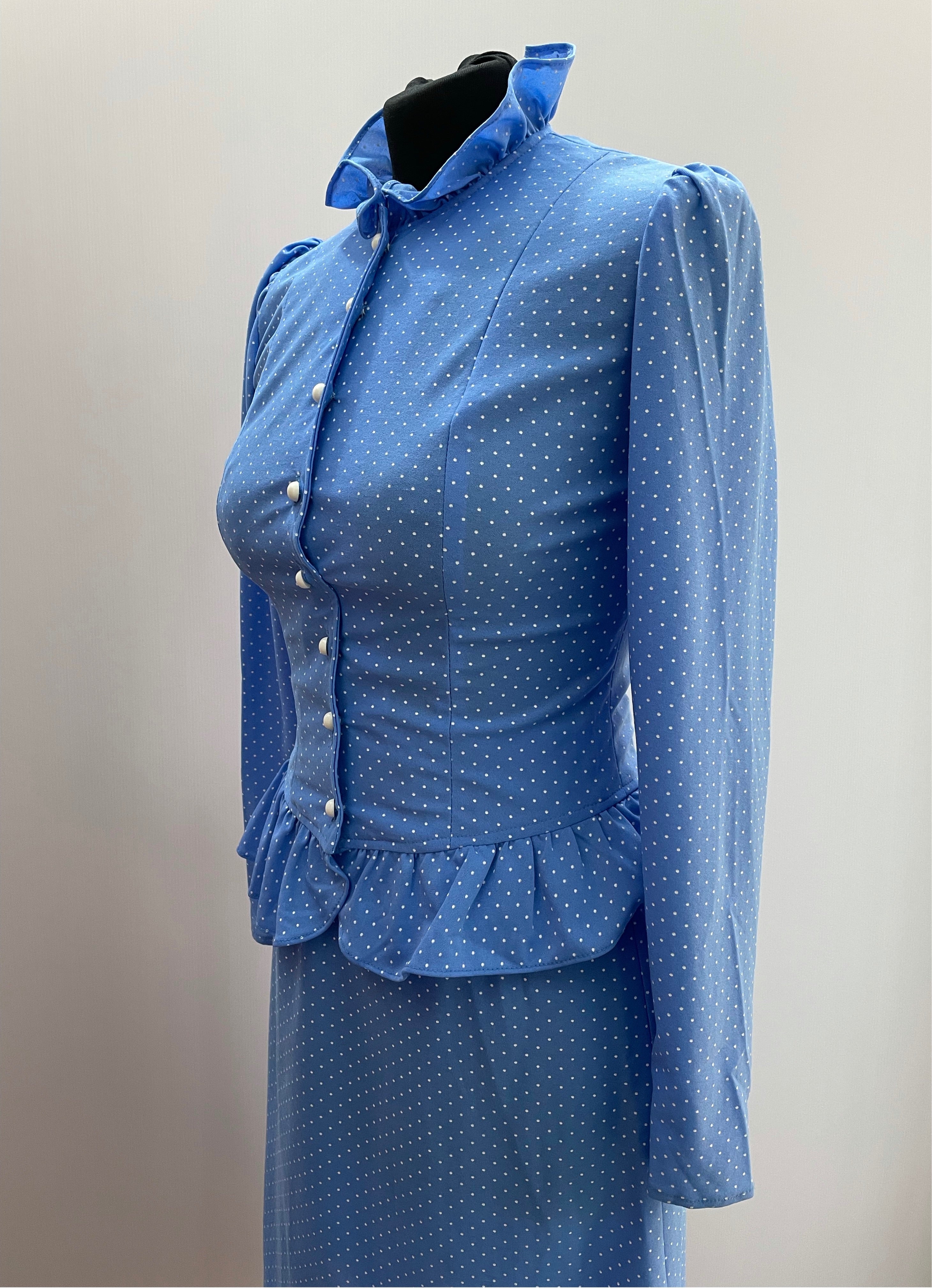 1970s Blue and White Polka Dot Two Piece Blouse and Skirt Set - Size UK 8