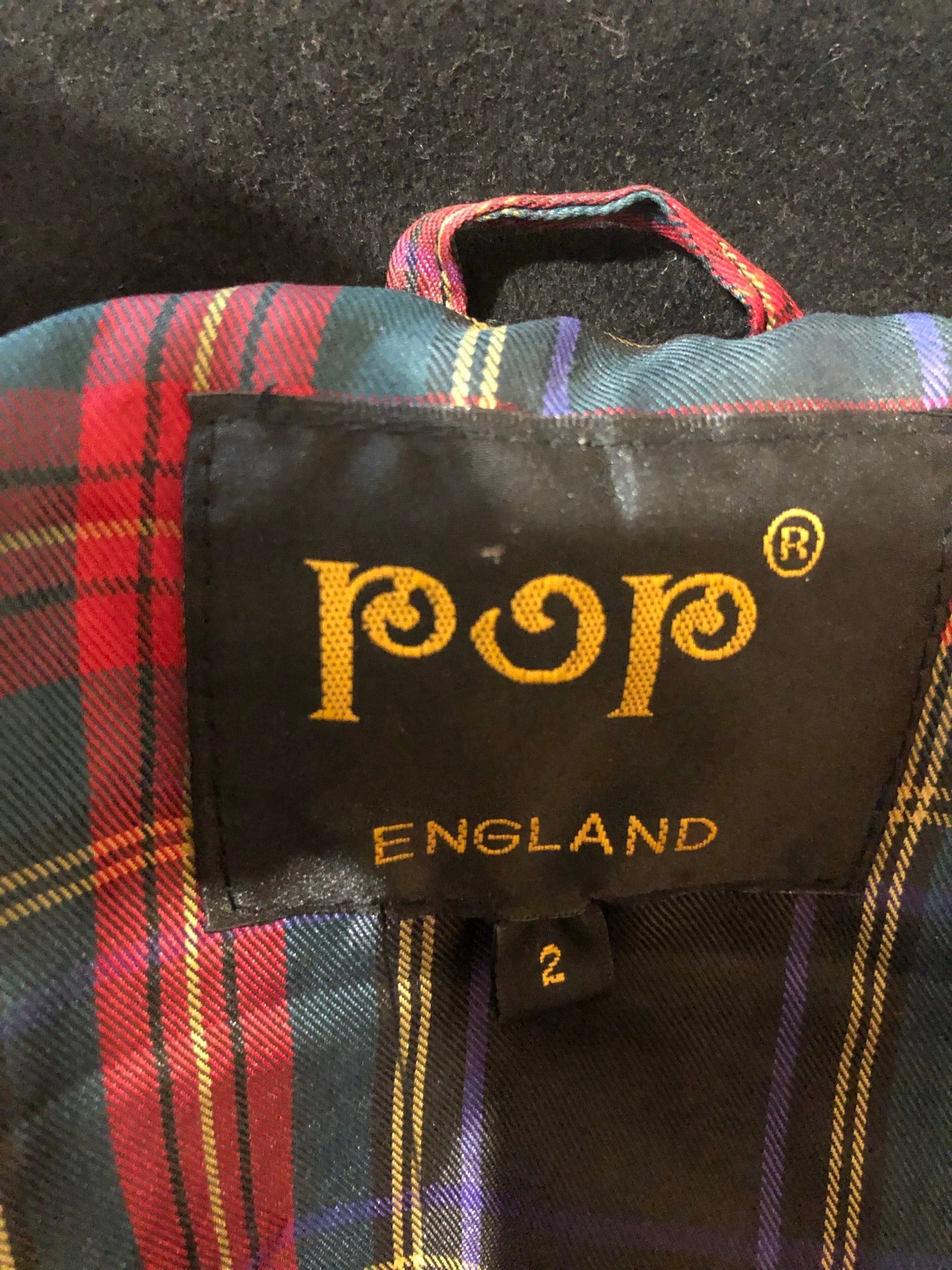 Wool blend  womens  vintage  point collar  mens  faux Leather  check lining  black  70s  1970s  14