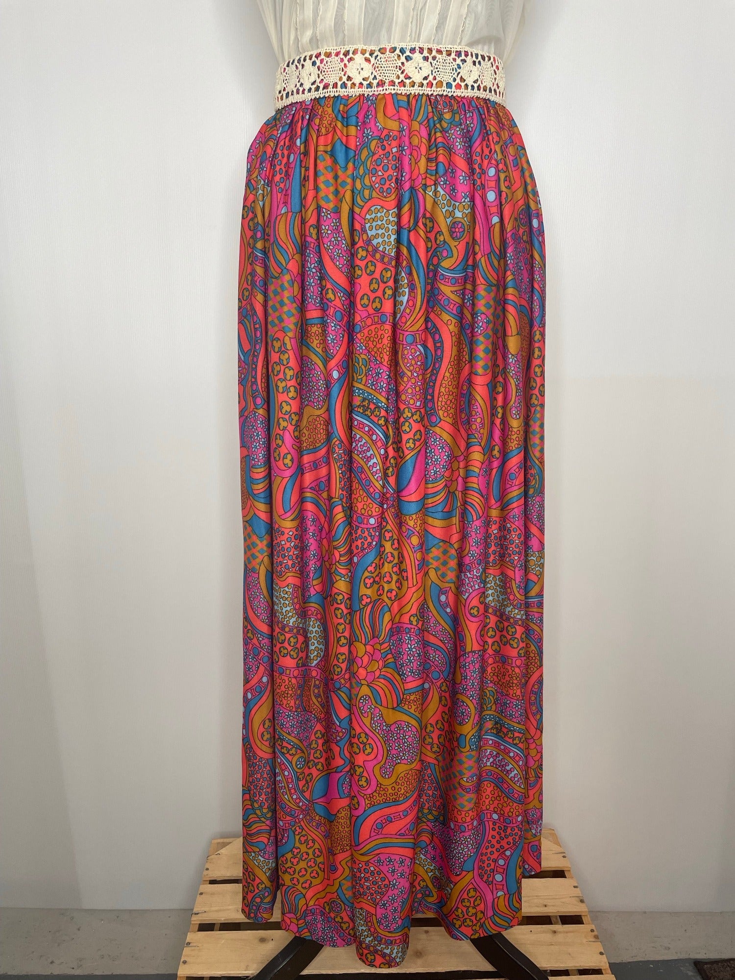 woodstock  womens  vintage  Urban Village Vintage  urban village  Skirts  skirt  psychedelic  psych  pink  patterned  pattern  multi  maxi skirt  maxi  long skirt  hippy  hippie  floral pattern  ethnic print  boho  bohemian  70s  6  1970s