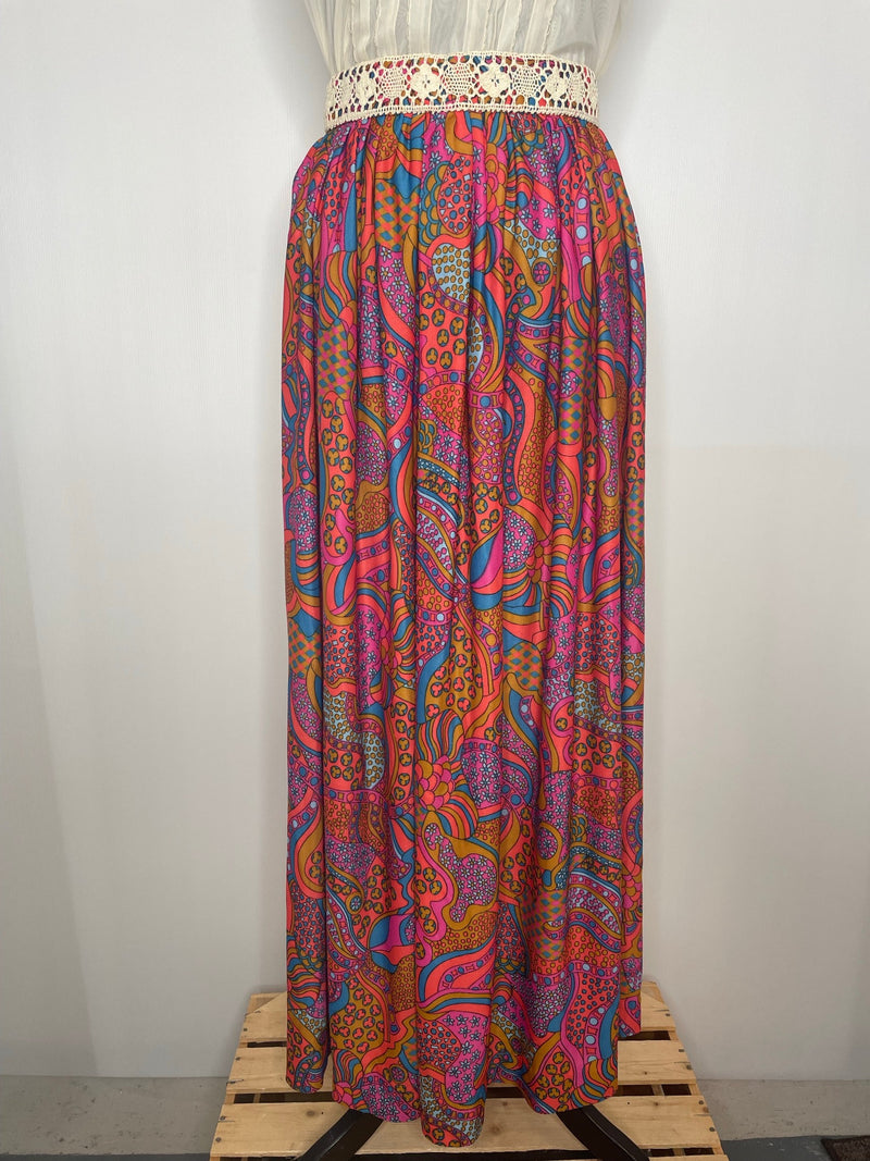 woodstock  womens  vintage  Urban Village Vintage  urban village  Skirts  skirt  psychedelic  psych  pink  patterned  pattern  multi  maxi skirt  maxi  long skirt  hippy  hippie  floral pattern  ethnic print  boho  bohemian  70s  6  1970s