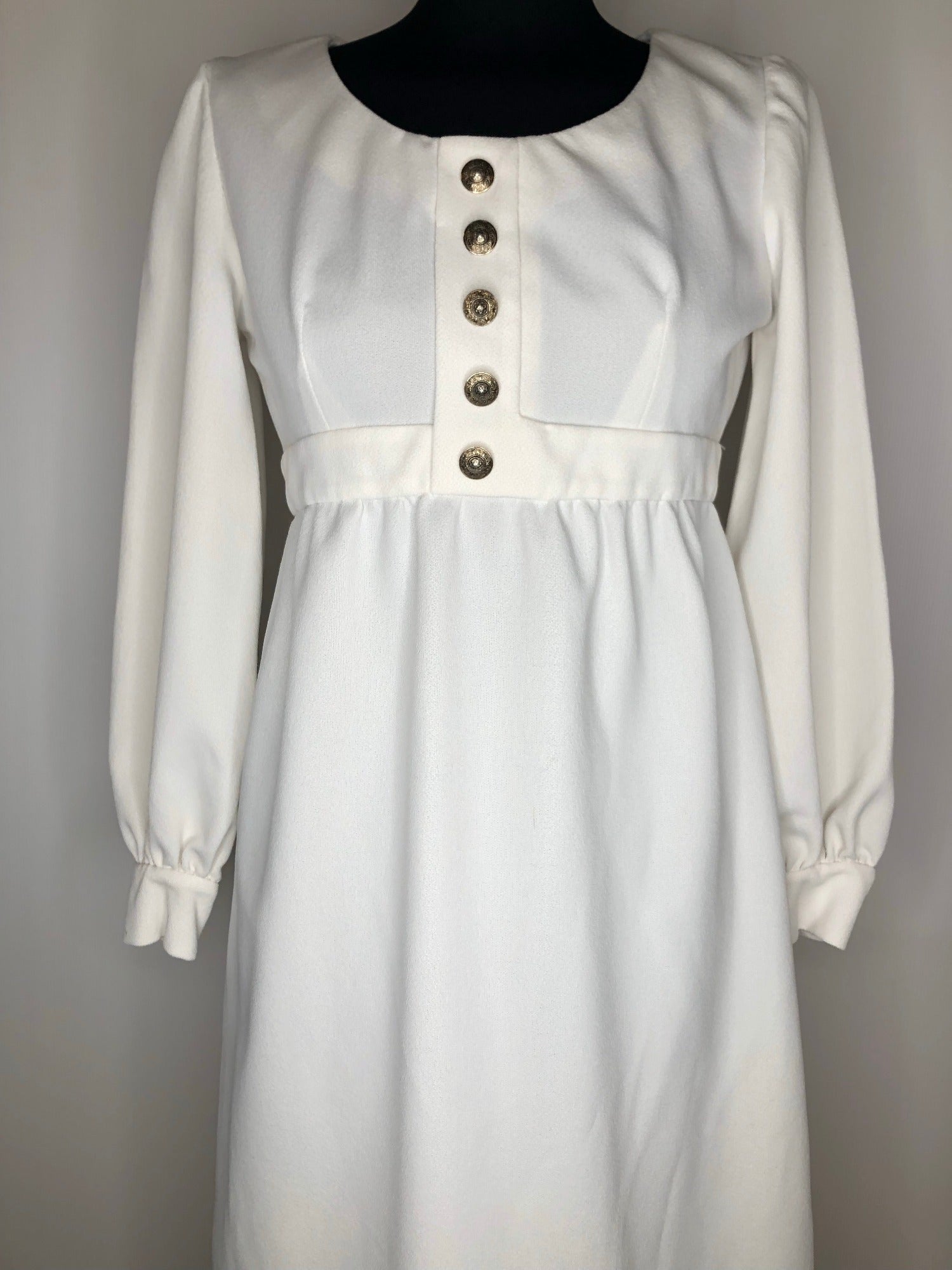 womens  white  vintage  Urban Village Vintage  urban village  shine  MOD  maxi dress  maxi  long sleeves  long sleeved  long sleeve  high neck  full skirt  evening dress  evening  dress  crew neck  button front  8  70s