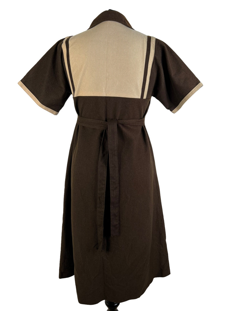 zip zero waste womens vintage v-neck dress V-Neck Urban Village Vintage urban village UK tie back waist belt tie back waist thrifted thrift sustainable style store slow fashion short sleeve shop second hand save the planet reuse retro recycled recycle recycable preloved pointed collar pleat front online ladies fashion ethical Eco friendly Eco dress cream corduroy concious fashion collared dress collared collar clothing clothes brown Birmingham 70s 70 1970s