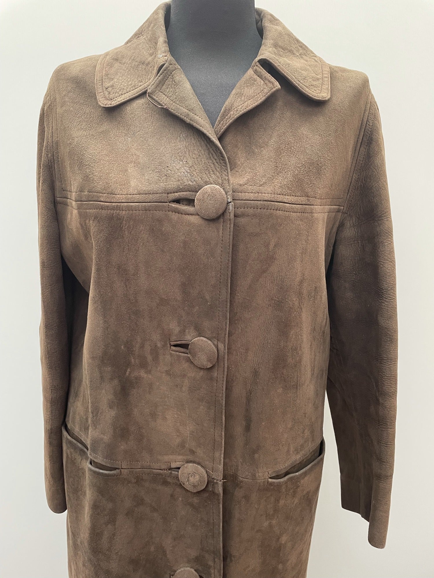womens coat  womens  vintage  Suede Jacket  Suede  silk  retro  long sleeve  long length coat  lining  heatonex  dress  coat  button down  button  brown  70s  1970s  16