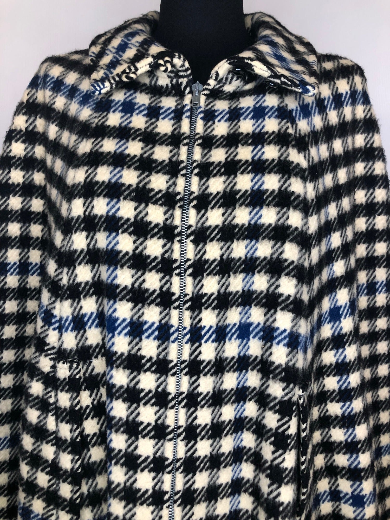 wool  womens  white  wetherall  waistcoat  vintage  S  MOD  long  gingham  full length  cape  blue  black  60s  1960s