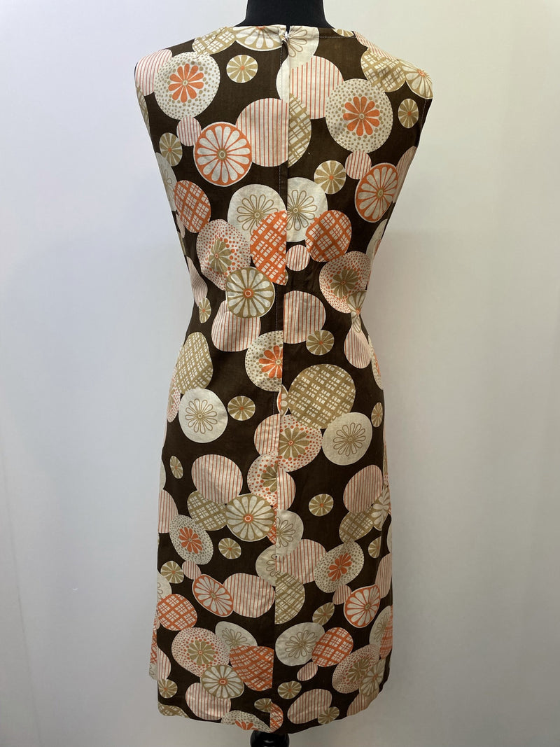 zip  womens  vintage  Urban Village Vintage  urban village  summer dress  sleeveless  retro  orange  MOD  midi dress  midi  floral print  floral dress  floral  dresses  dress  decorative buttons  clifton  button detailing  button detail  button  brown  back zip  70s  1970s  16