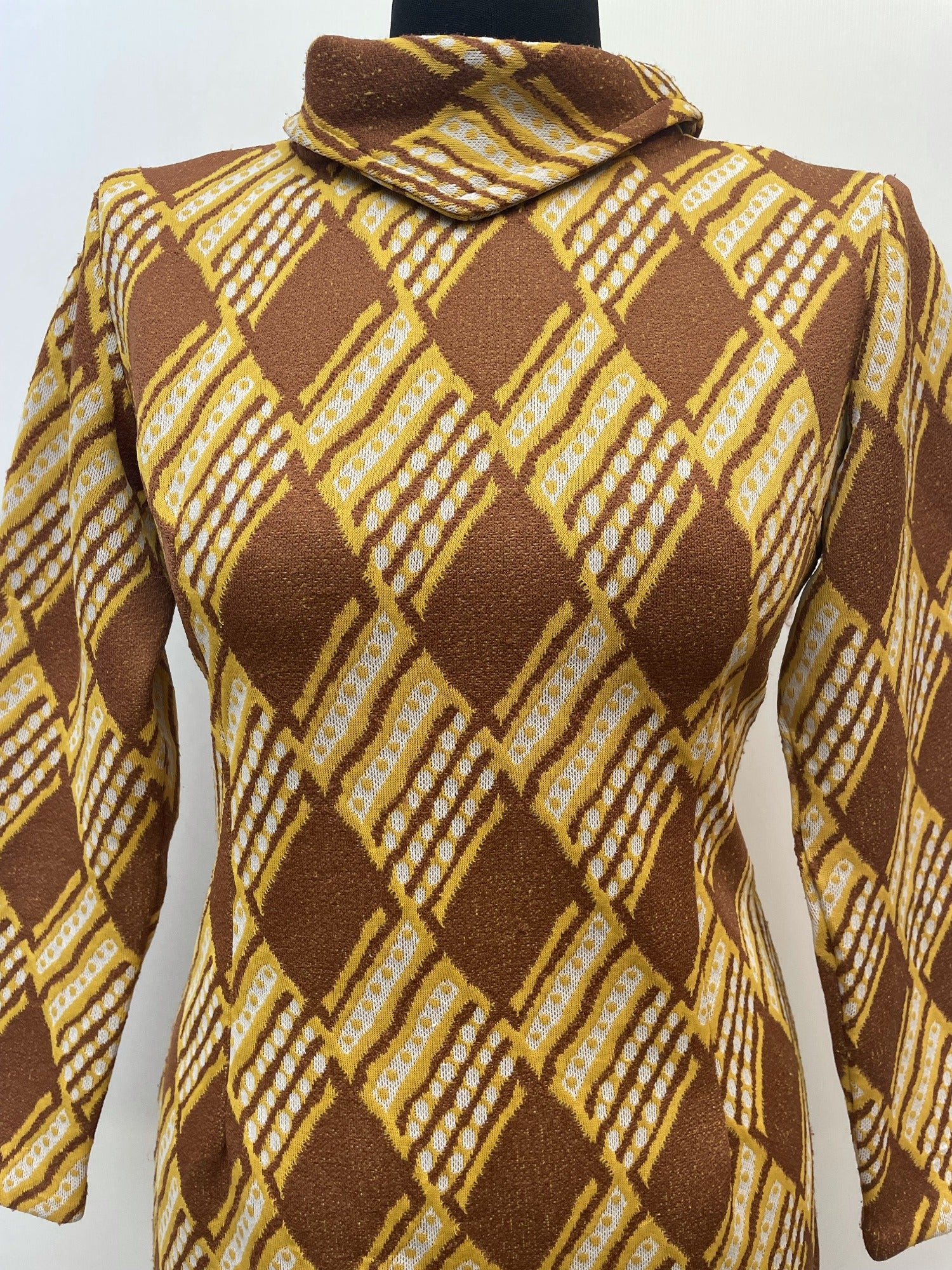 zip  Yellow  womens  vintage  Urban Village Vintage  urban village  square pattern  patterned  pattern  MOD  midi dress  midi  long sleeves  long sleeved  long sleeve  knitwear  knitted  knit dress  knit  high neck  dress  brown  back zip  60s  1960s  12