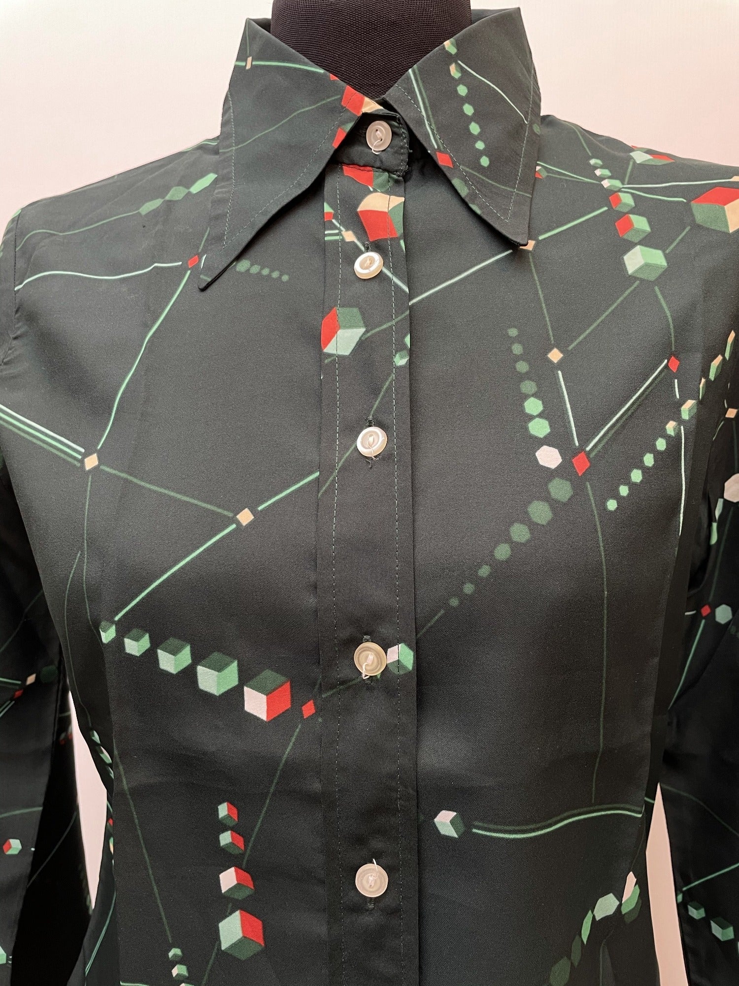 womens shirt  womens  vintage  Urban Village Vintage  urban village  spurs  shirt dress  Shirt  retro  long sleeve  Green  geometric  evening blouse  disco  decorative buttons  dagger collar  crop shirt  collared dress  collar  button down  button  blouse  big collar  70s  70  60s  1970s  1960s  12