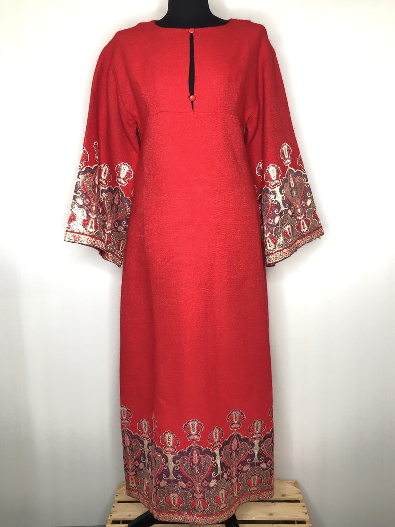 womens  vintage  Urban Village Vintage  urban village  Sybil Zelker  red  Polly Peck  metallic  maxi dress  maxi  keyhole neck  keyhole  ethnic embroidery  ethnic  boho  bohemian  bell sleeves  bell sleeve  back zip  70s  1970s  14