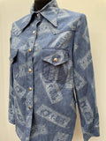 womens  vintage  Urban Village Vintage  urban village  thick  Shirt  S  retro  printed  print  press stud fastening  long sleeves  long sleeve  jean  Jacket  indigo  dereta  denim shirt  denim  Cotton  collar  blue  big collar  american  70s  70  60s  1970s  1960s  16  14/16