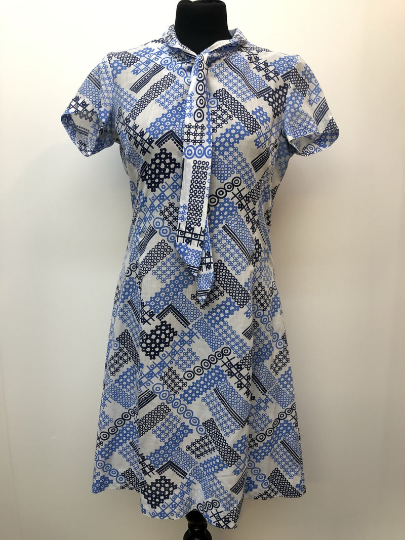 womens  white  vintage  Stripes  retro  pussy bow  print dress  MOD  midi dress  long sleeve  high neck  dress  blue  abstract print  60s  1960s  14