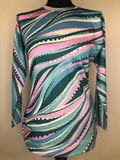 14  womens  vintage  Urban Village Vintage  top  swirl print  round neck  pink  multi  green  blue  70s  1970