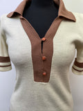 womens  white  vintage  Urban Village Vintage  urban village  top  Stripes  striped  stripe  retro  polo top  polo  light knitwear  light knit  knitwear  knitted  knit  fine knit  duke  collared  collar  button front  button  brown  big collar  70s  1970s  10