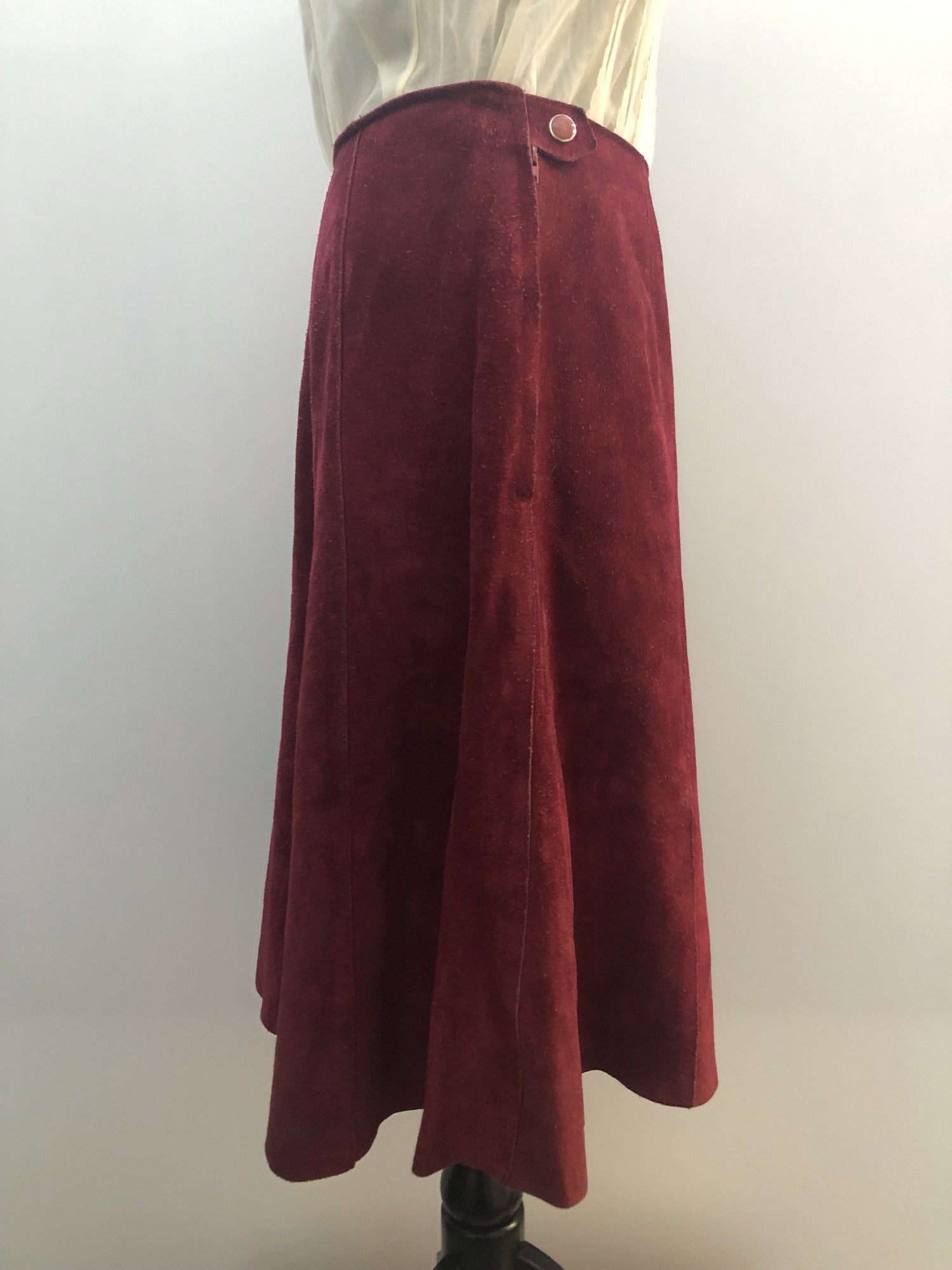 womens  winter  vintage  Urban Village Vintage  urban village  Suede  Skirts  skirt  retro  Red  press stud fastening  MOD  Mini Skirt  knee length  autumnal  autumn  A-Line  70s  70  1970s  12