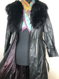 womens jacket  womens coat  womens  waist belt  vintage  Urban Village Vintage  urban village  trench coat  pockets  pleat back  long length  Leather Jacket  Leather  Jacket  button  black  Belted waist  belted jacket  belt  70s  70  1970s  12