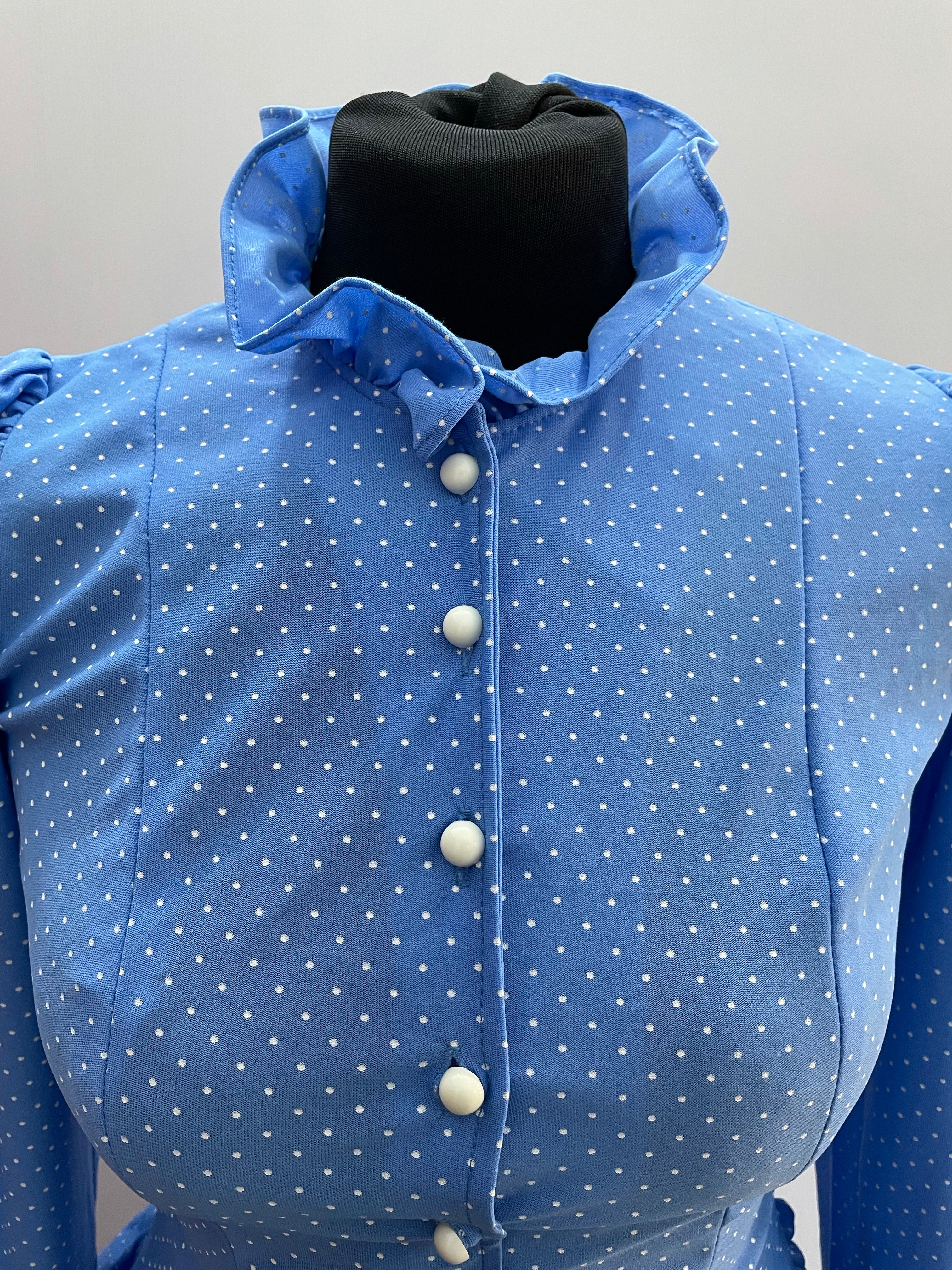 1970s Blue and White Polka Dot Two Piece Blouse and Skirt Set - Size UK 8