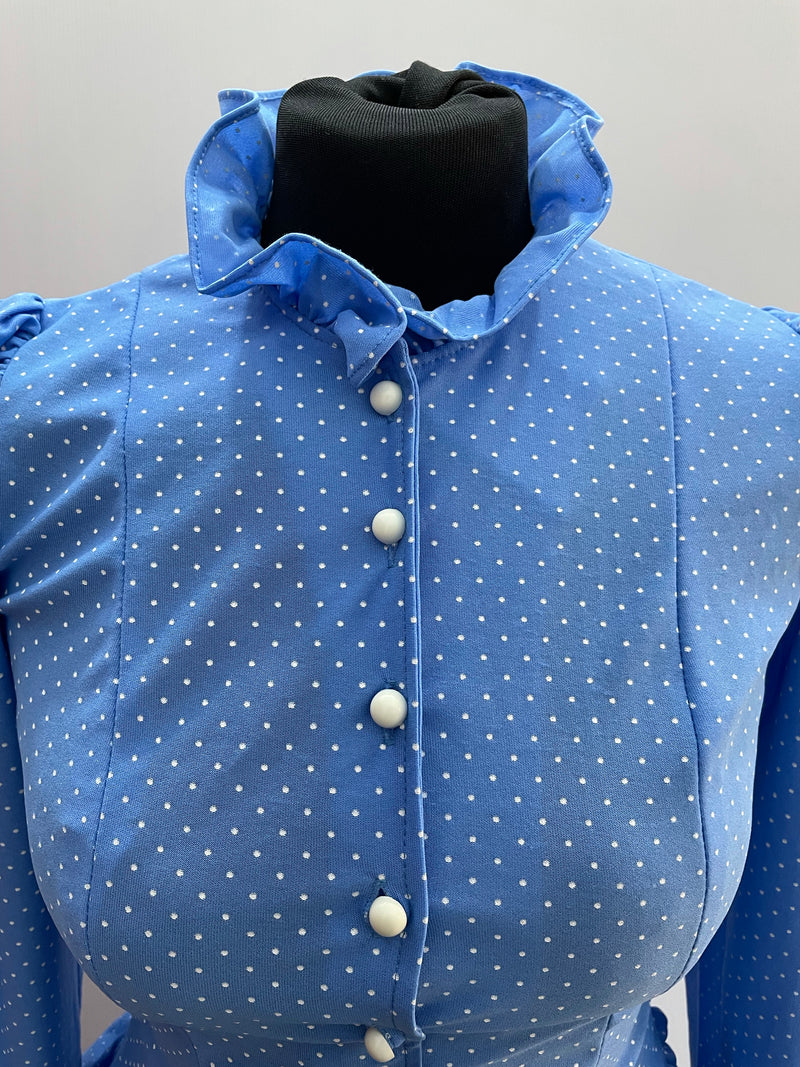 1970s Blue and White Polka Dot Two Piece Blouse and Skirt Set - Size UK 8