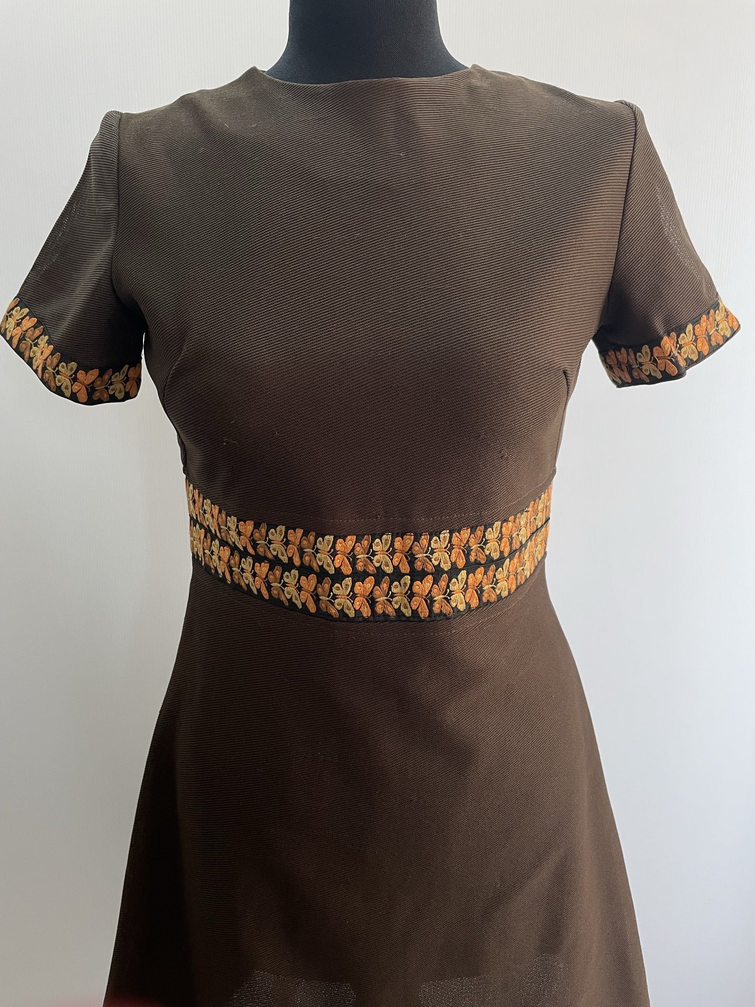 zip back  womens  vintage  Urban Village Vintage  short dress  scooter dress  scooter  modette  MOD  mini dress  micro mini  embroidery  dress  dolly dress  dolly  butterfly  brown  A-line  8  60s  1960s