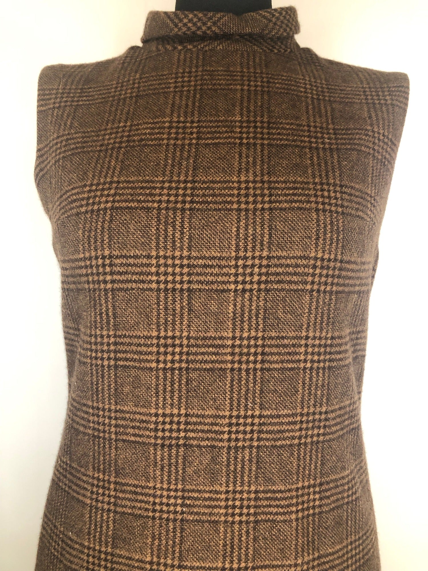 womens  vintage  roll neck  retro  print dress  MOD  high neck  fully lined  dress  checkered  check  brown  8  60s  1960s