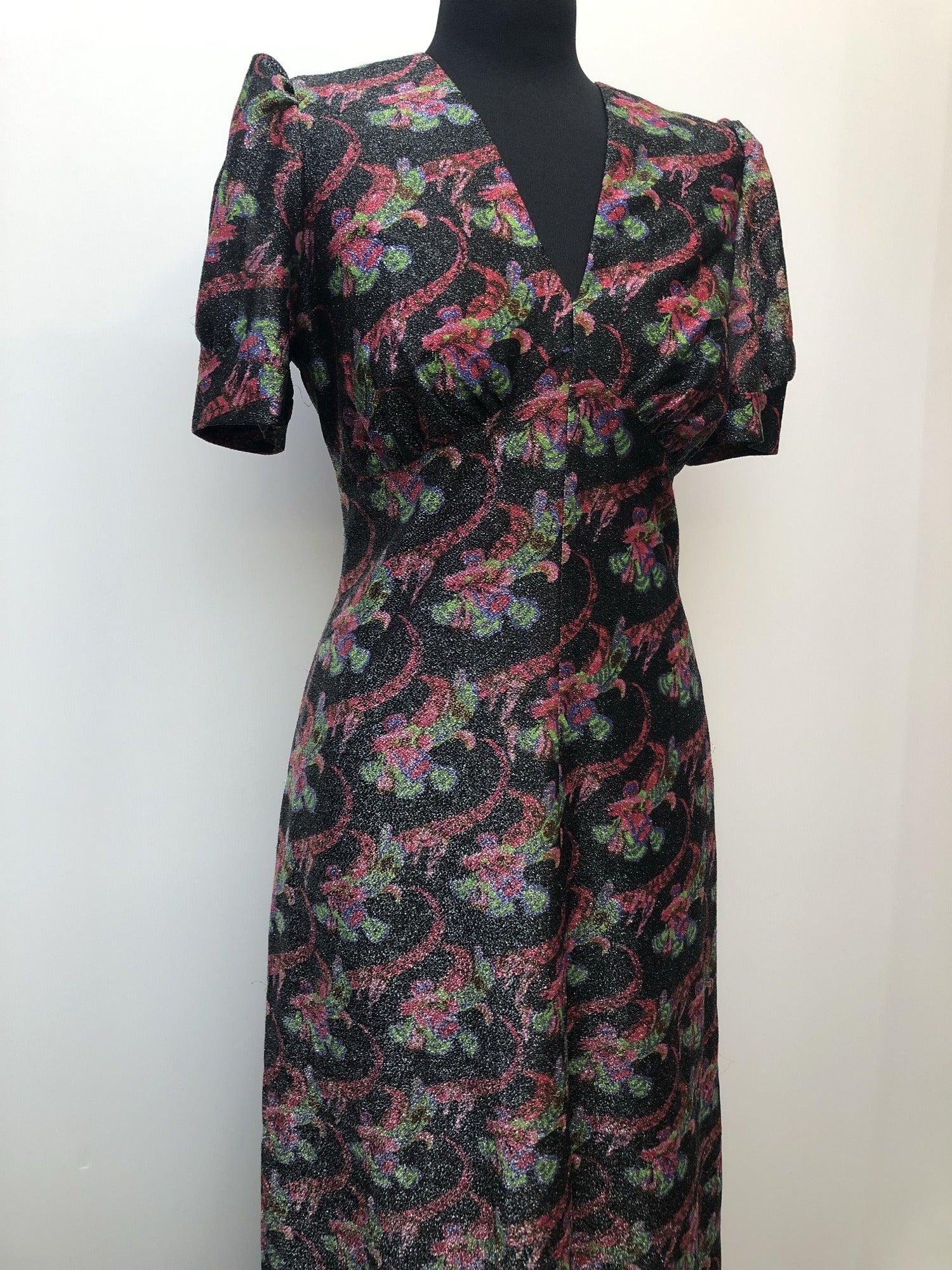 zip  womens  vintage  Urban Village Vintage  urban village  silver  maxi dress  lurex  long length dress  glitter  floral dress  dress  back zip  70s  1970s  10