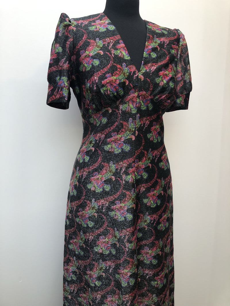 zip  womens  vintage  Urban Village Vintage  urban village  silver  maxi dress  lurex  long length dress  glitter  floral dress  dress  back zip  70s  1970s  10