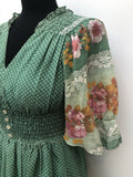 womens  vintage  Urban Village Vintage  summer dress  ruched waist  polka dot  maxi dress  long dress  lace print  hippy  hippie  Green  floral print  floral dress  floral  dress  button front  boho  bohemian  angel sleeve  8  70s  1970s