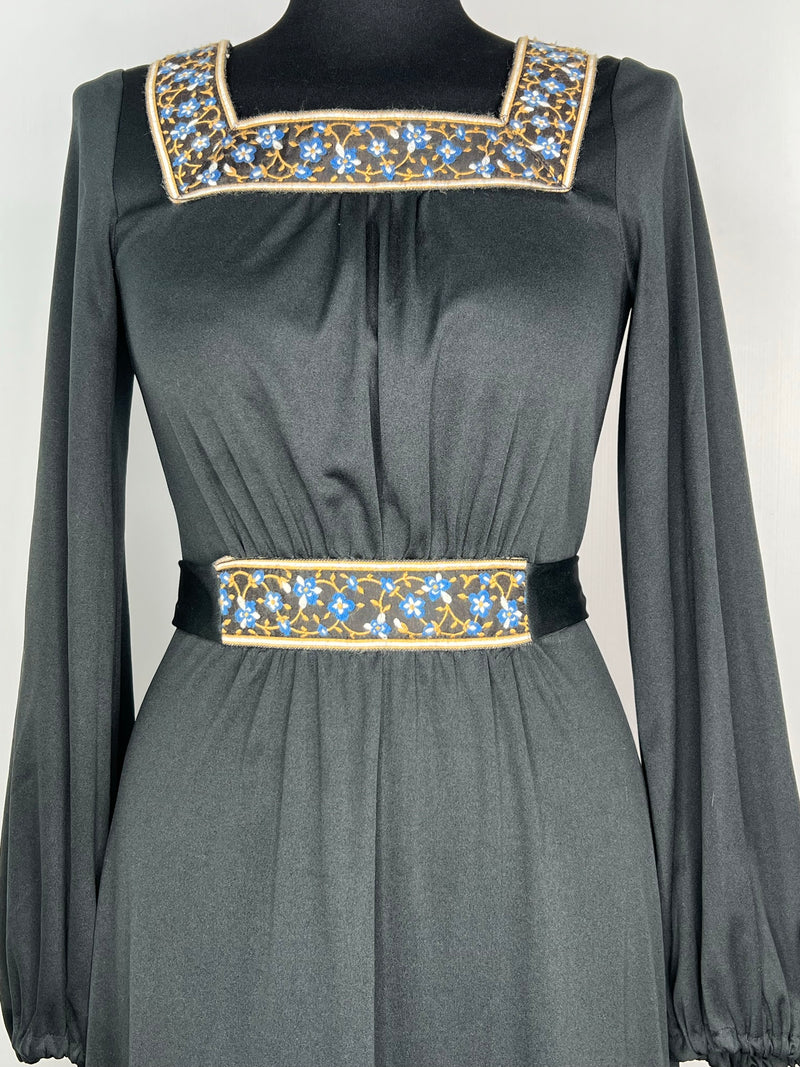 womens  vintage  Urban Village Vintage  tie back belt  summer dress  summer  square neck  Richard Shops  medieval  maxi dress  maxi  long sleeved  floral embroidered  Embroidered  dress  bohemian  blue floral pattern  Black  balloon sleeves  balloon sleeve  8  70s  1970s