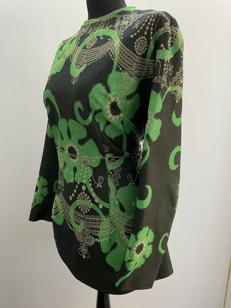 womens  white  vintage  Urban Village Vintage  tunic  top  psychedelic  psych  plus size  multi  lurex  hippie  green  flower print  floral print  70s  1970s  16