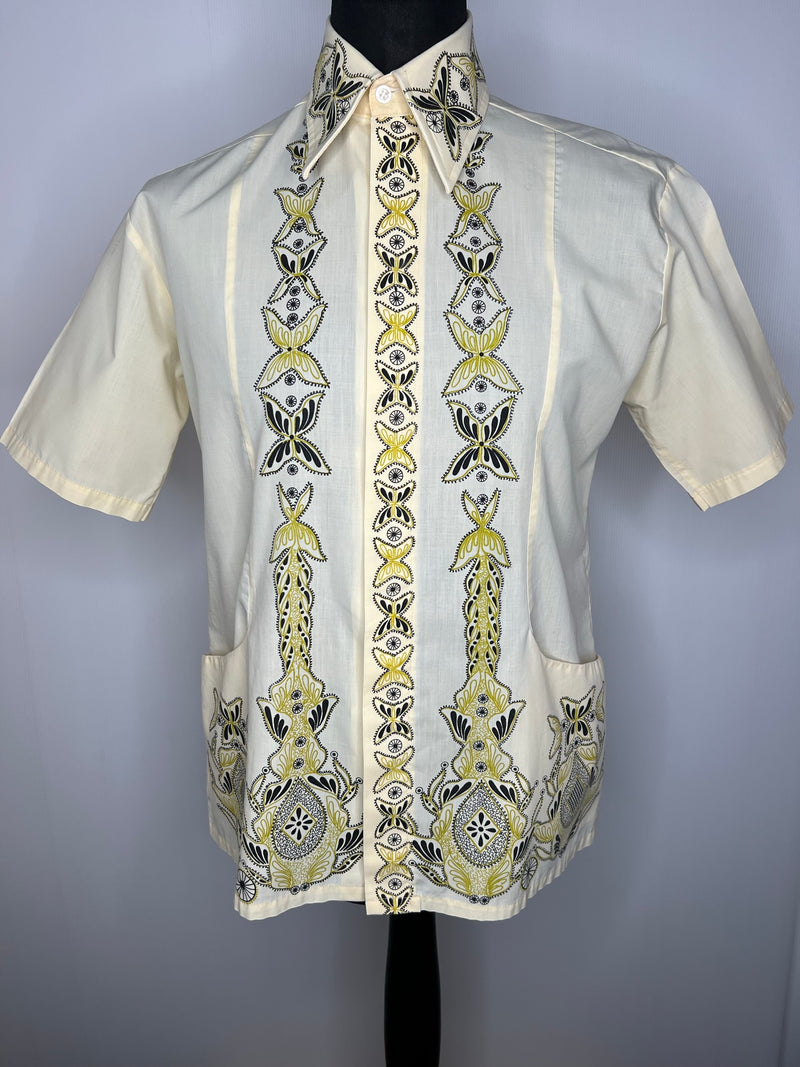 white  vintage  Urban Village Vintage  urban village  top  shirt  mens  L  cuban  cream  collar  butterfly print  butterfly  70s  70  50s style  1970s